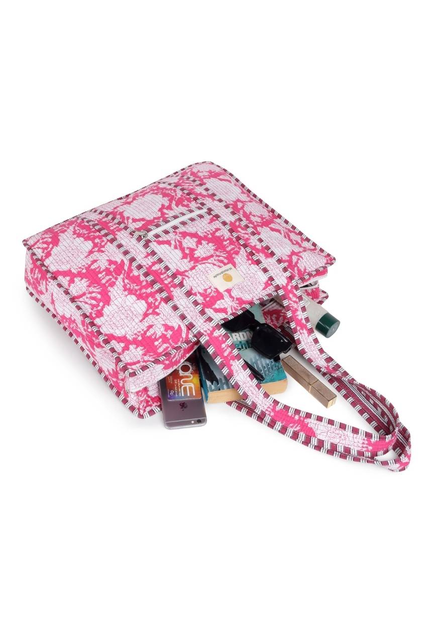 Cotton Tote Bag With Zip - White Pink - Hi Handmade