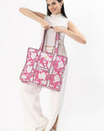 Cotton Tote Bag With Zip - White Pink - Hi Handmade
