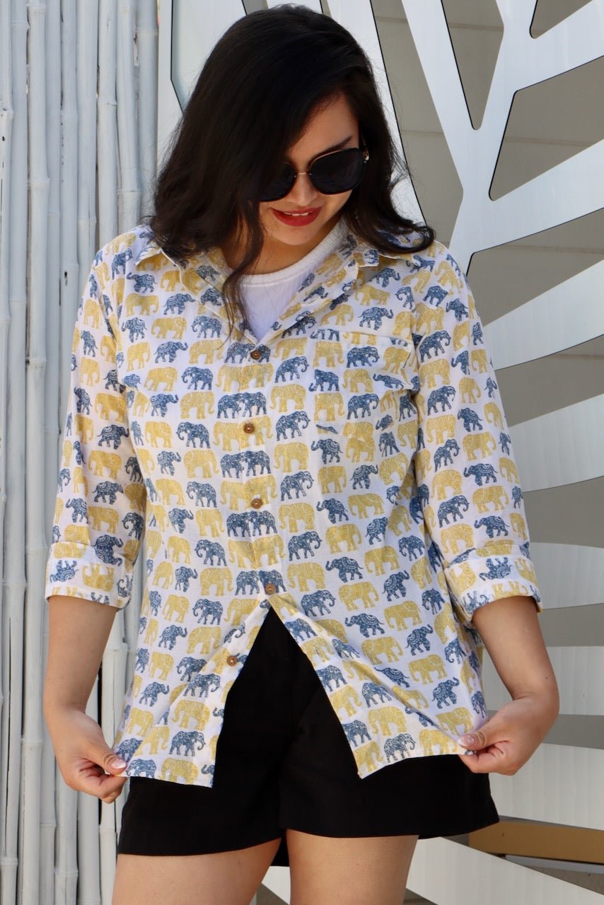 Gender Neutral Cotton Shirt - Elephant Print - Hi Handmade
