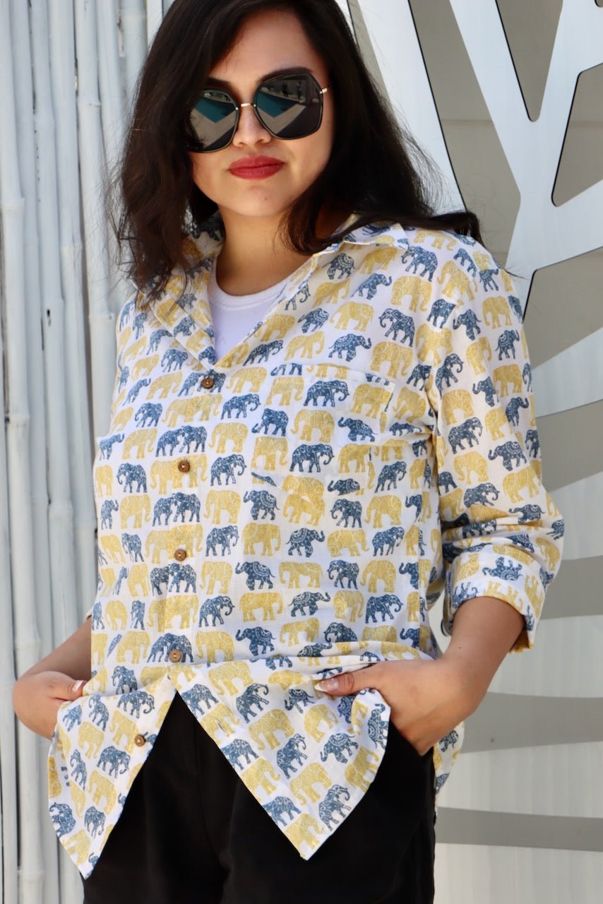 Gender Neutral Cotton Shirt - Elephant Print - Hi Handmade
