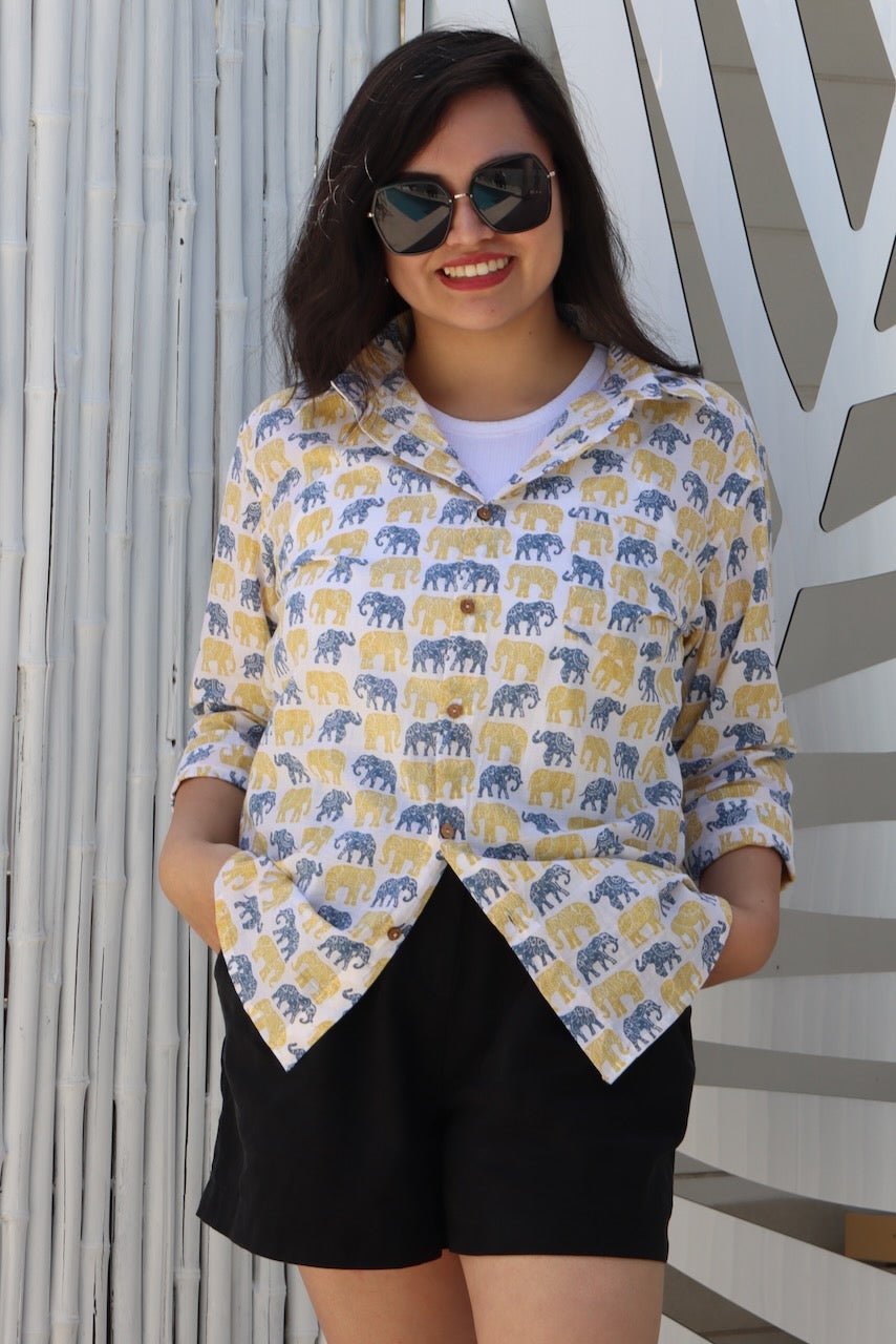 Gender Neutral Cotton Shirt - Elephant Print - Hi Handmade