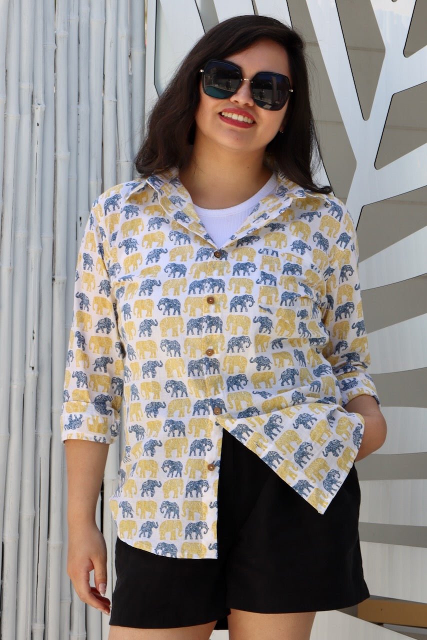 Gender Neutral Cotton Shirt - Elephant Print - Hi Handmade