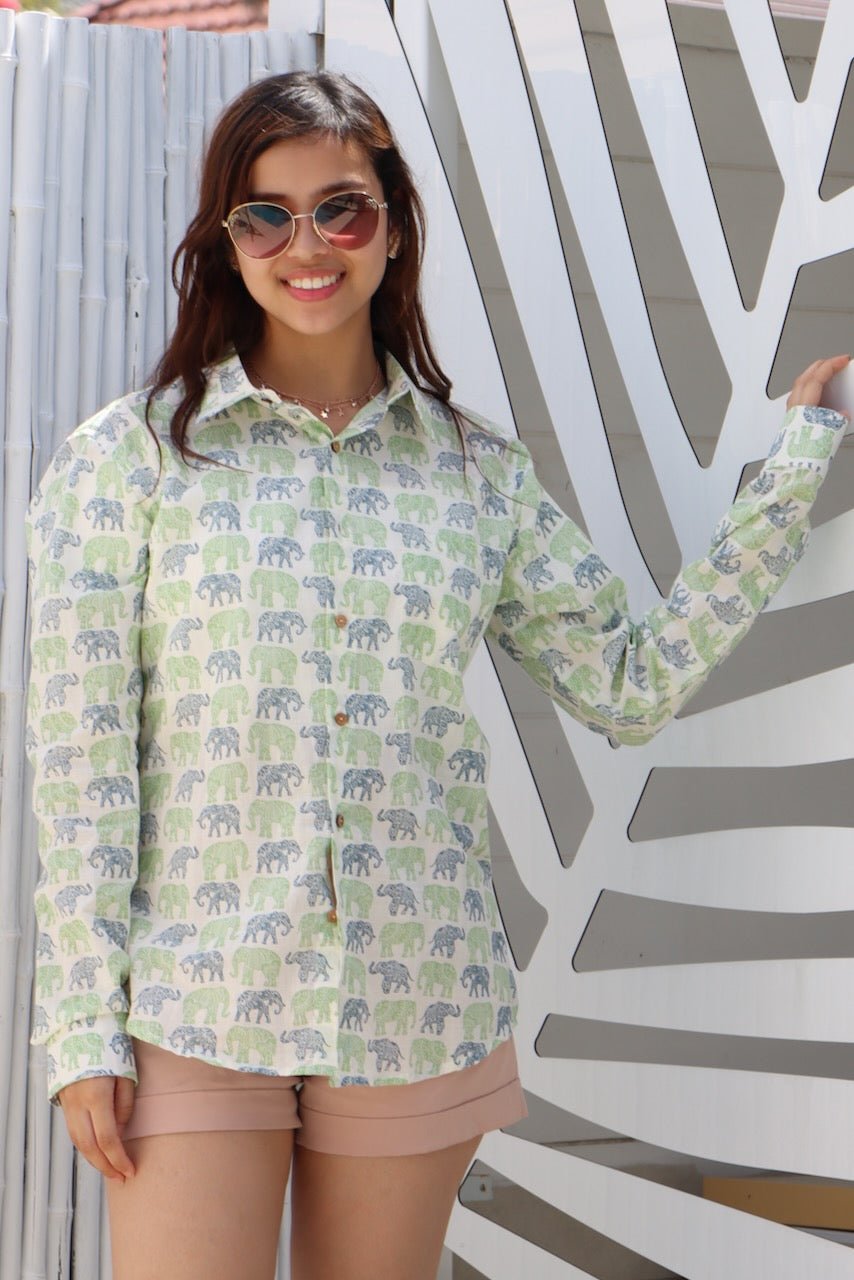 Gender Neutral Print Shirt - Gajraj Green - Hi Handmade
