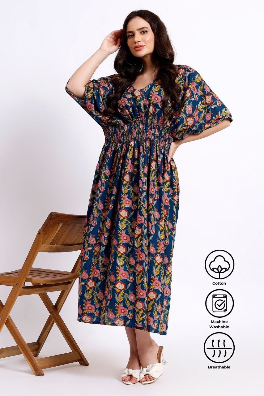 Lounge Dress, Cotton Kaftan - Blue - Hi Handmade