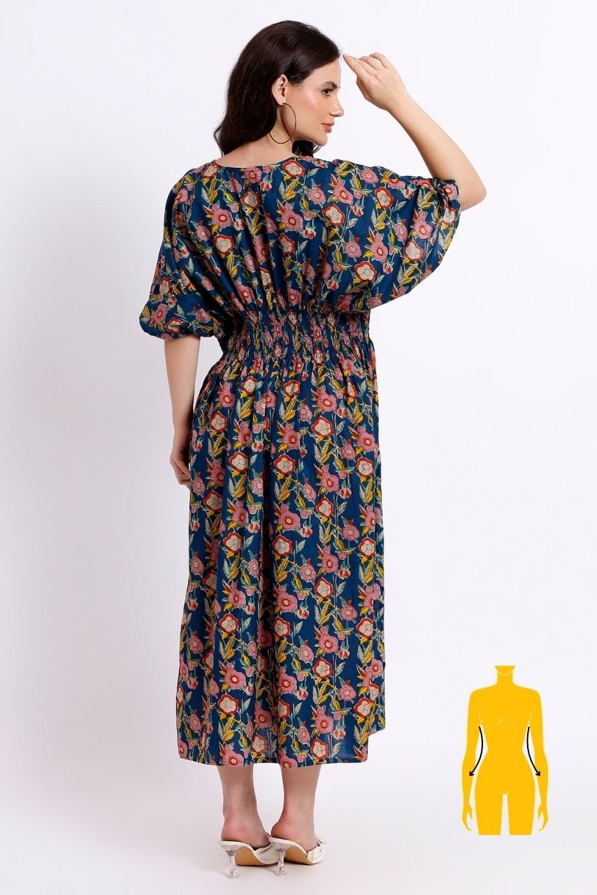 Lounge Dress, Cotton Kaftan - Blue - Hi Handmade