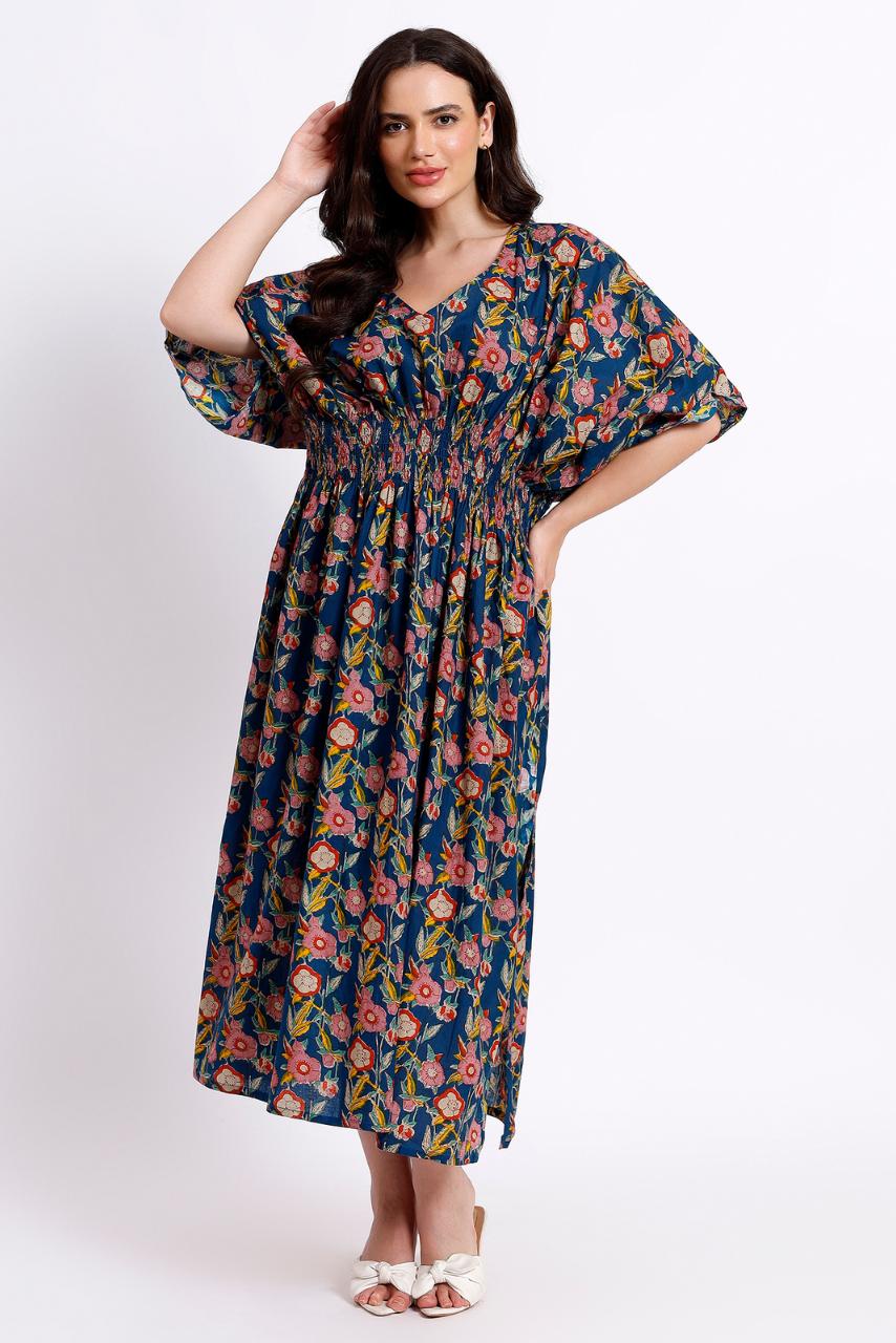 Lounge Dress, Cotton Kaftan - Blue - Hi Handmade