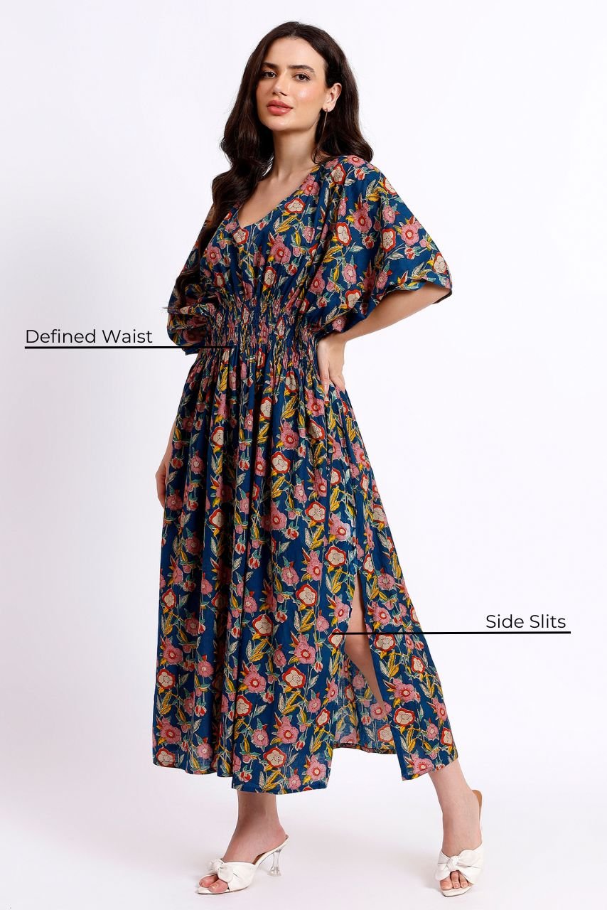 Lounge Dress, Cotton Kaftan - Blue - Hi Handmade