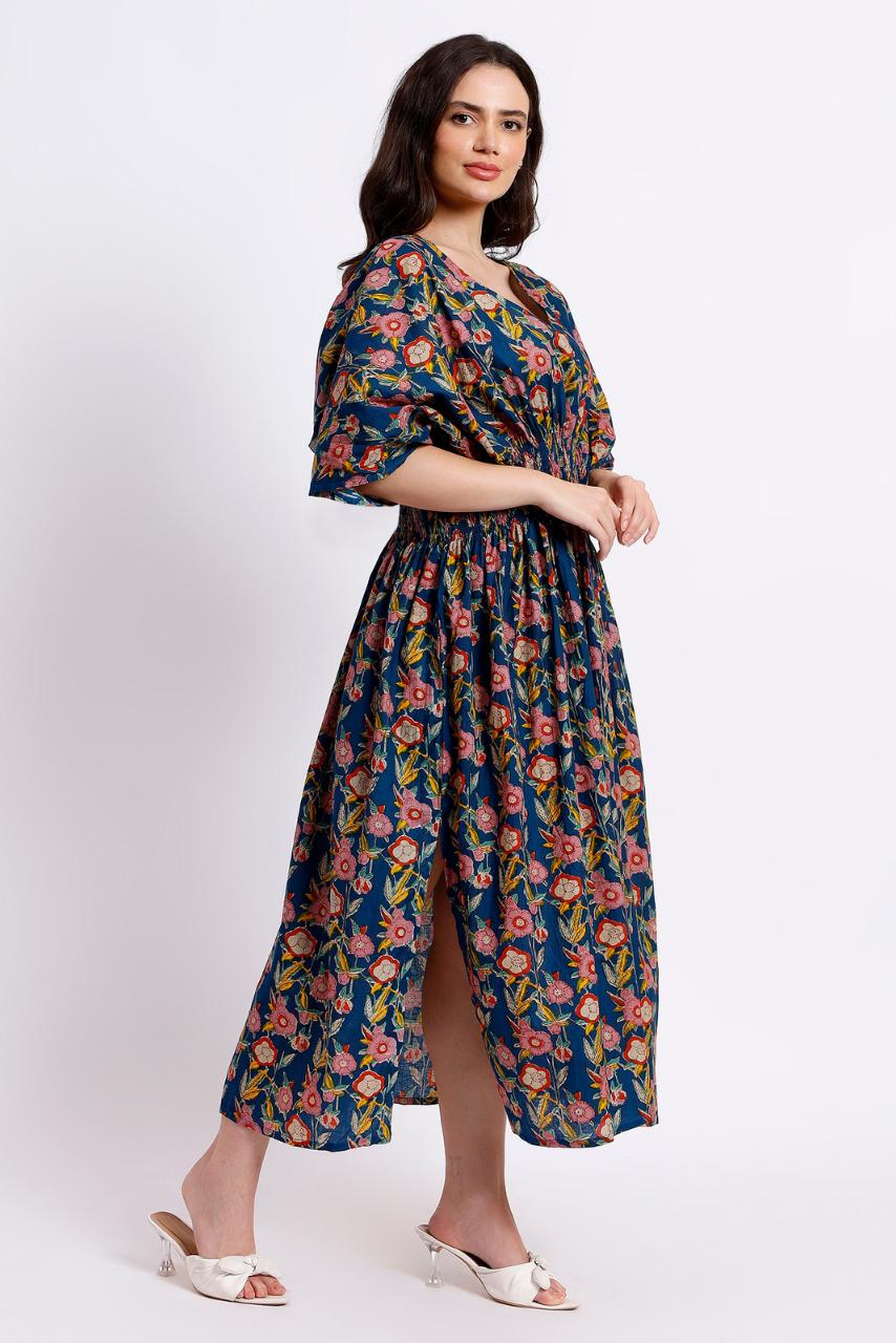 Lounge Dress, Cotton Kaftan - Blue - Hi Handmade