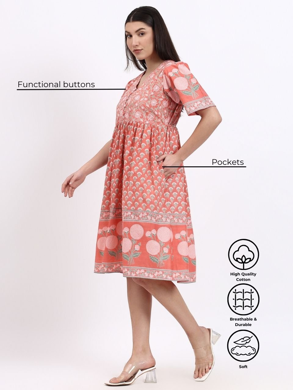 Meera Cotton Dress - Pink - Hi Handmade
