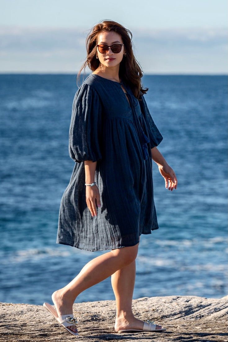 Noor Midnight Linen Midi Summer Dress - Hi Handmade