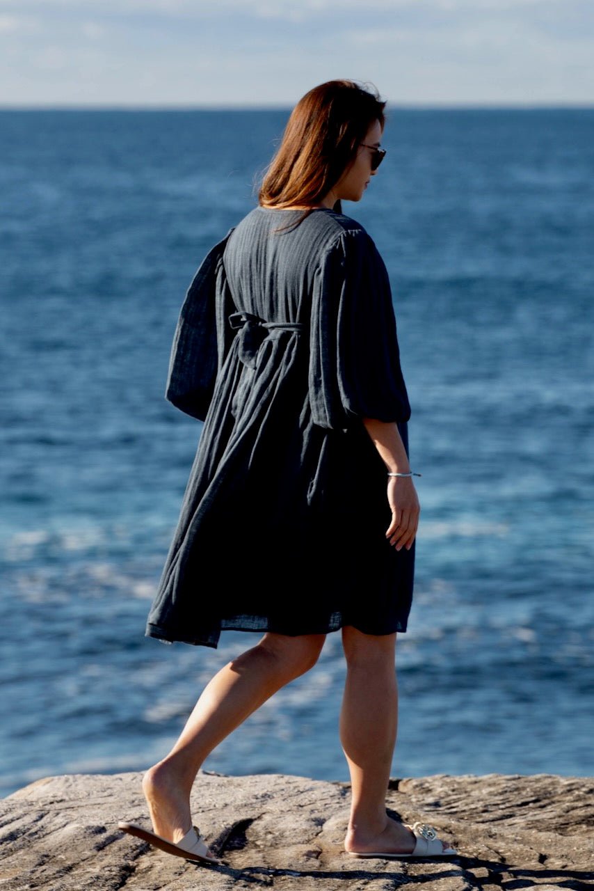 Noor Midnight Linen Midi Summer Dress - Hi Handmade