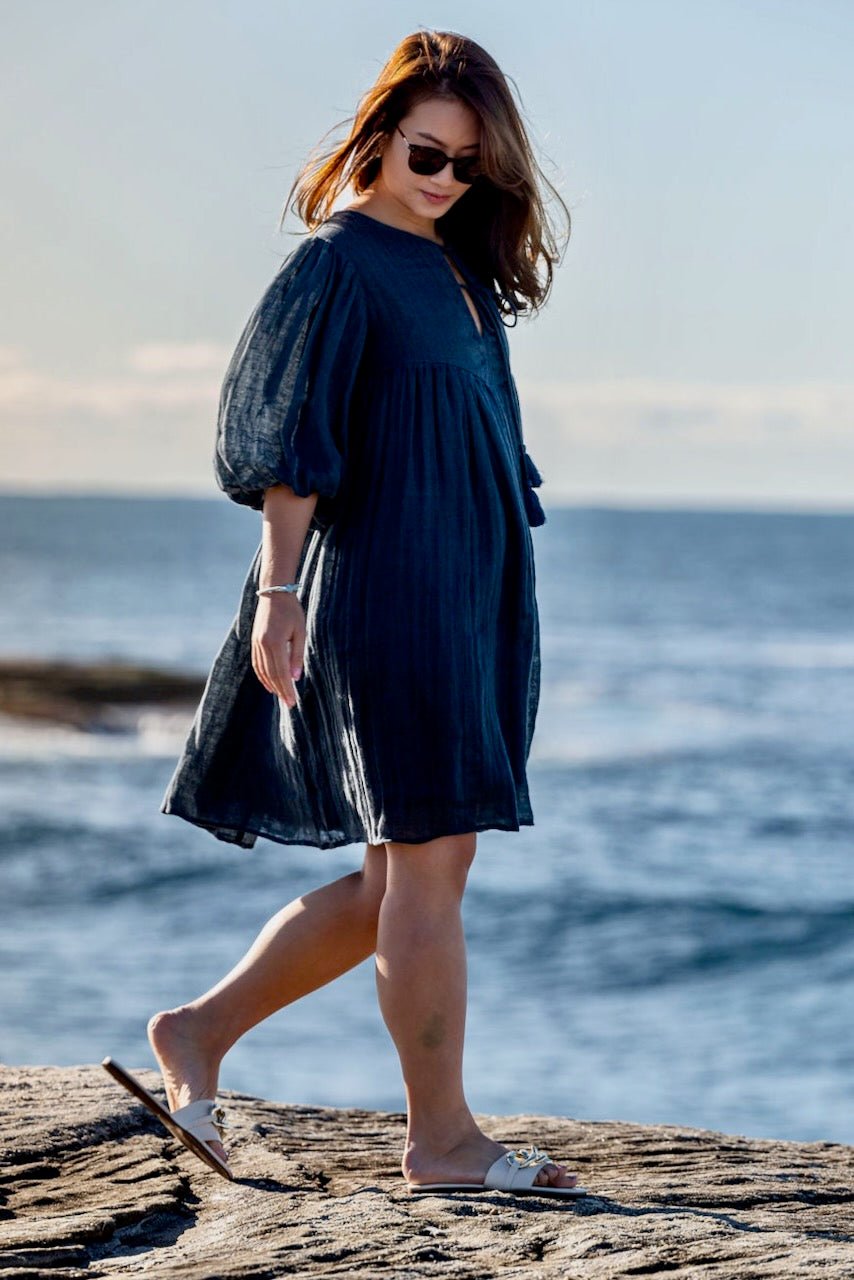 Noor Midnight Linen Midi Summer Dress - Hi Handmade