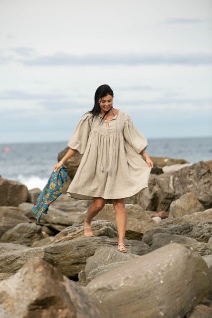 Noor Natural Linen Midi Dress - Hi Handmade