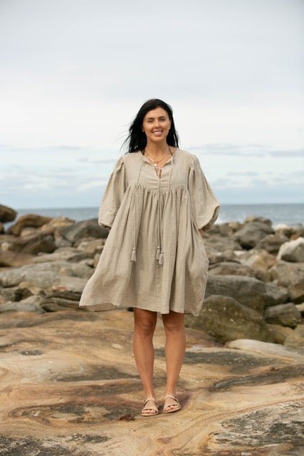 Noor Natural Linen Midi Dress - Hi Handmade
