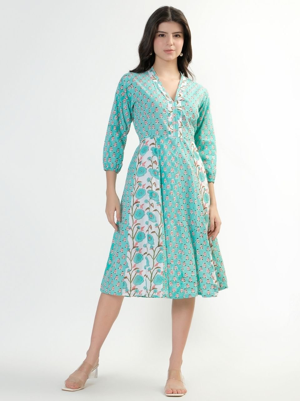 Panelled Cotton Dress - Aqua - Hi Handmade