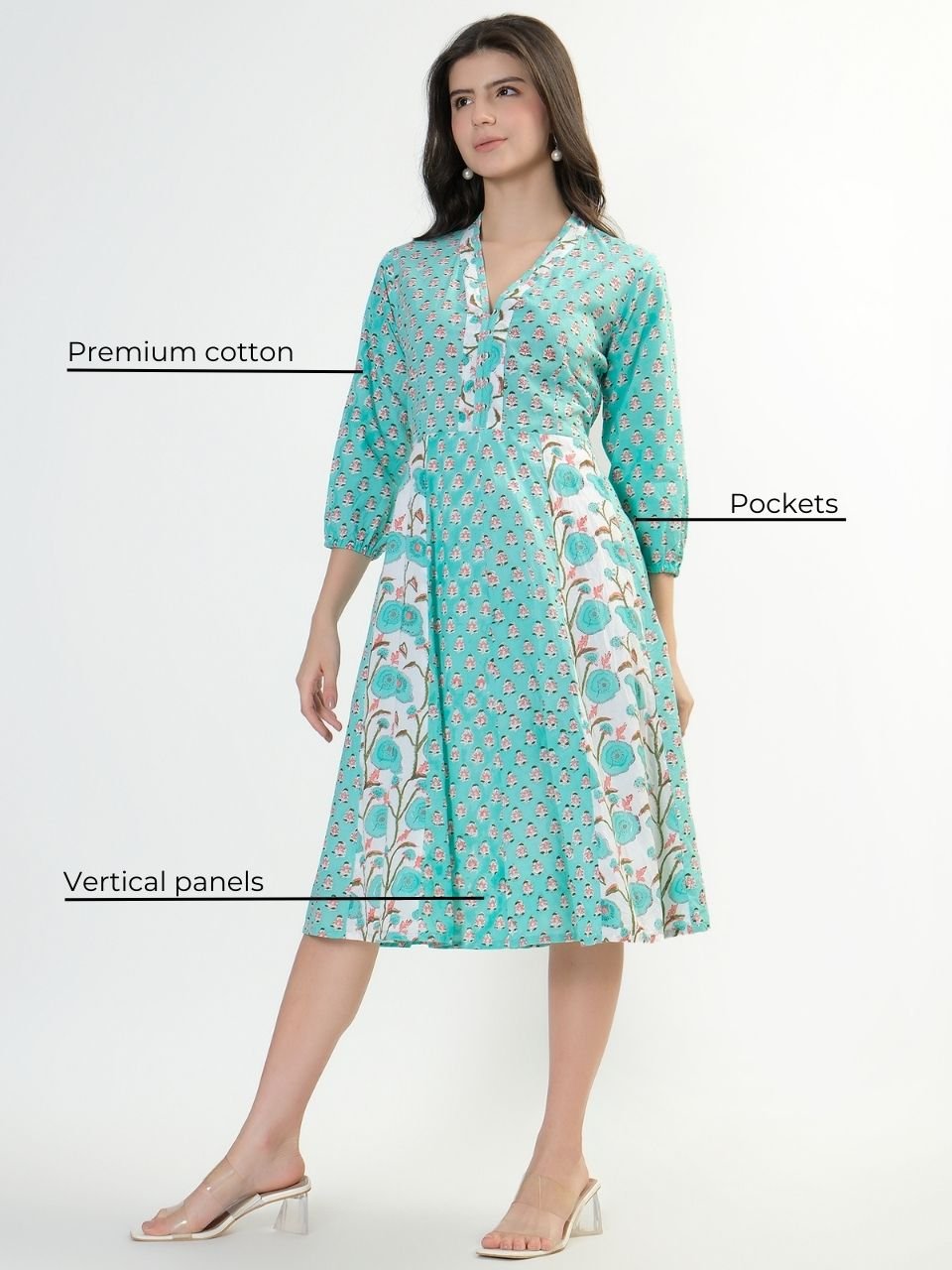 Panelled Cotton Dress - Aqua - Hi Handmade