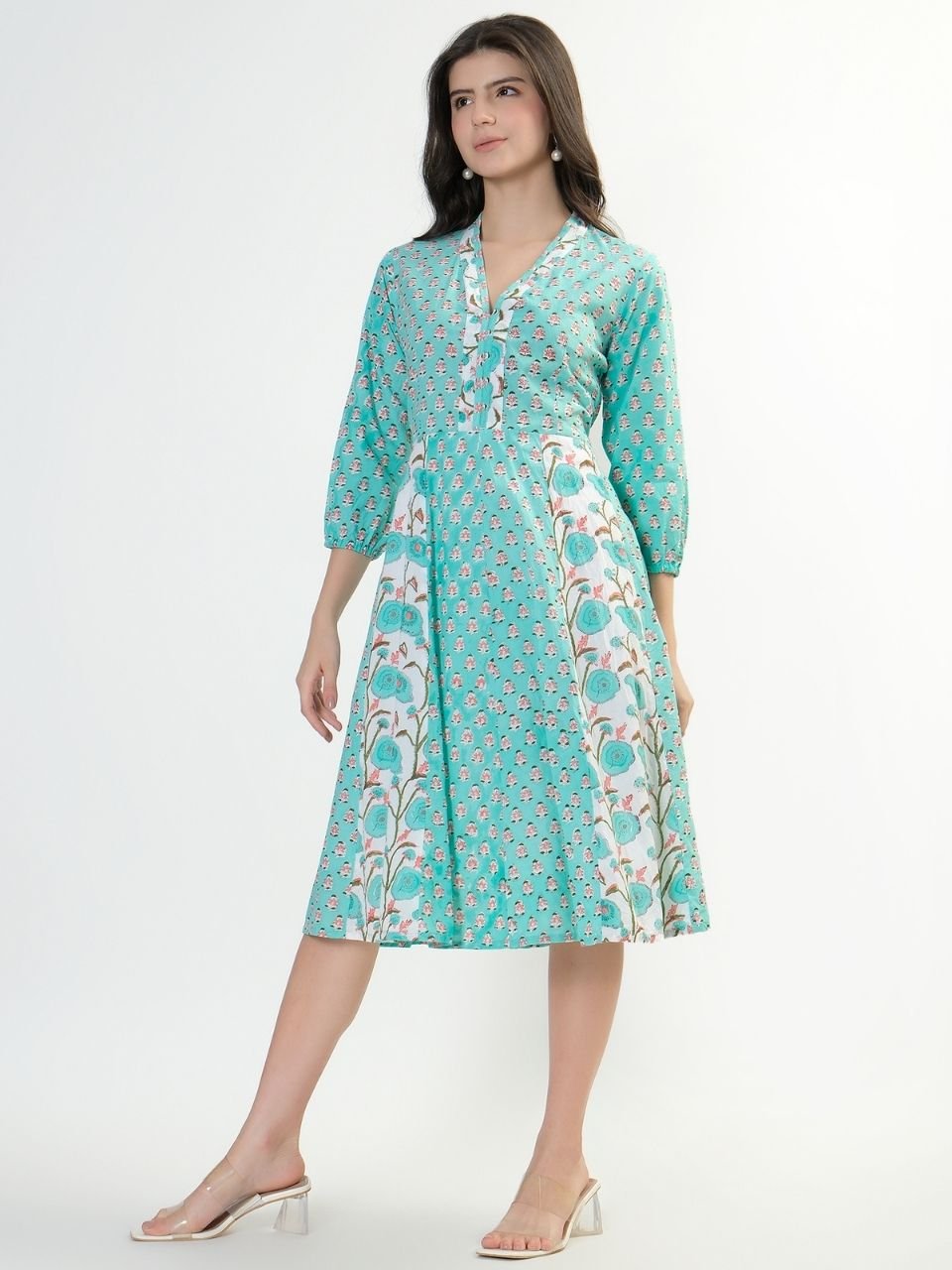 Panelled Cotton Dress - Aqua - Hi Handmade
