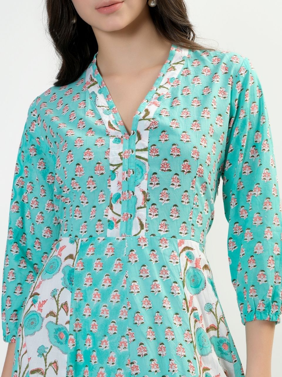 Panelled Cotton Dress - Aqua - Hi Handmade