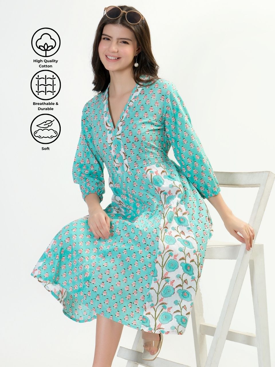 Panelled Cotton Dress - Aqua - Hi Handmade