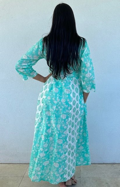 Panelled Cotton Maxi Dress - Aqua - Hi Handmade