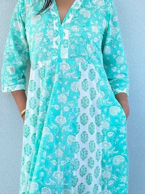Panelled Cotton Maxi Dress - Aqua - Hi Handmade
