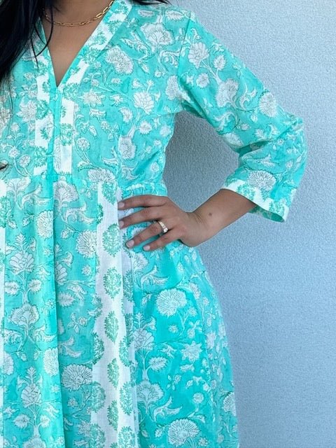 Panelled Cotton Maxi Dress - Aqua - Hi Handmade