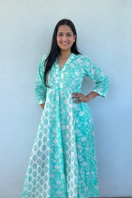 Panelled Cotton Maxi Dress - Aqua - Hi Handmade