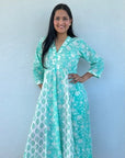 Panelled Cotton Maxi Dress - Aqua - Hi Handmade