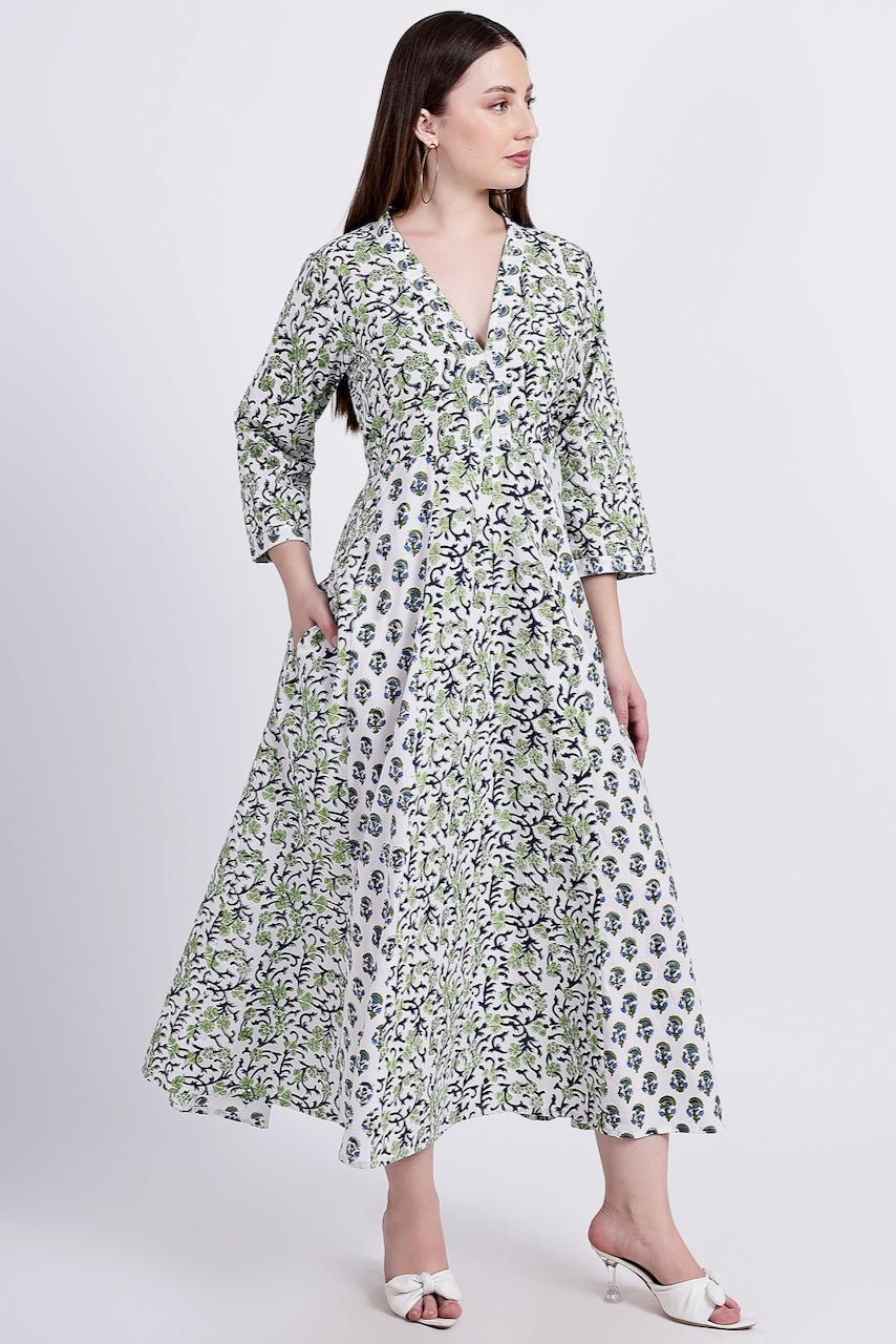 Panelled Cotton Maxi Dress - Green - Hi Handmade