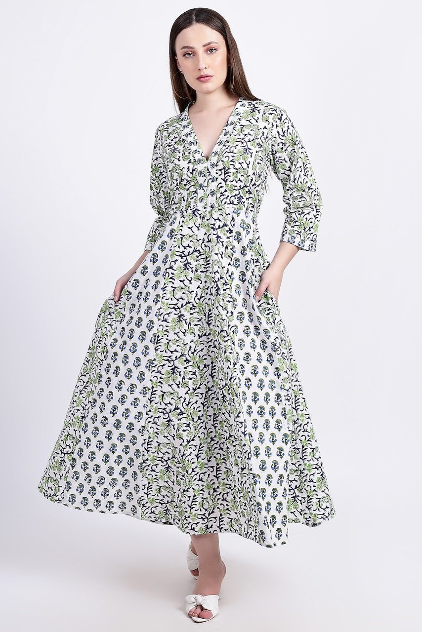 Panelled Cotton Maxi Dress - Green - Hi Handmade