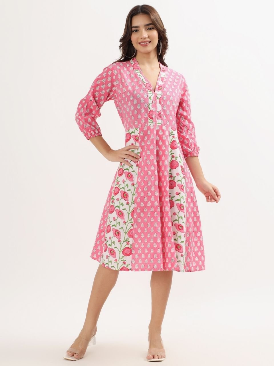 Panelled Cotton Midi Dress - Pink - Hi Handmade