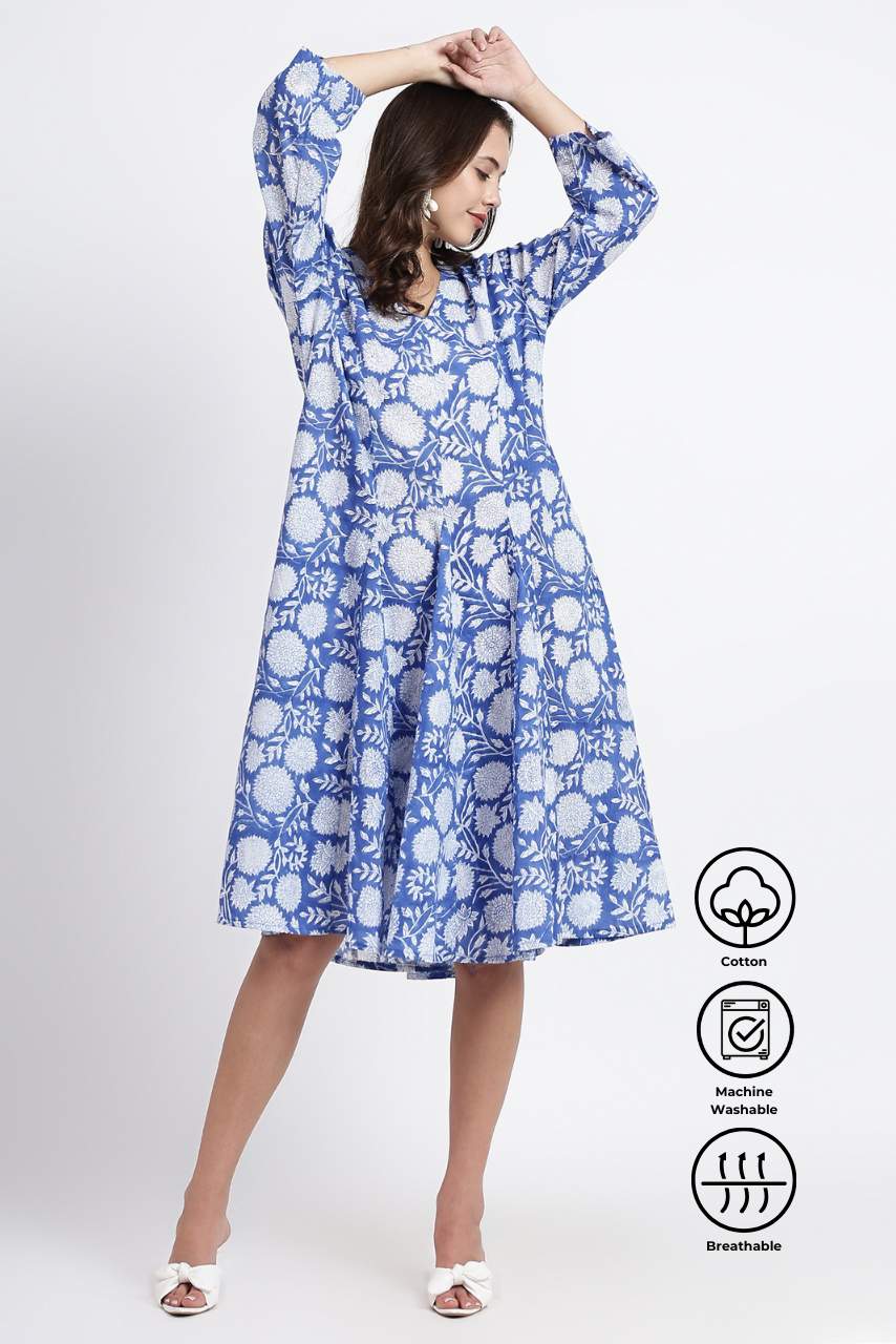 Priya Cotton Midi Dress - Blue - Hi Handmade