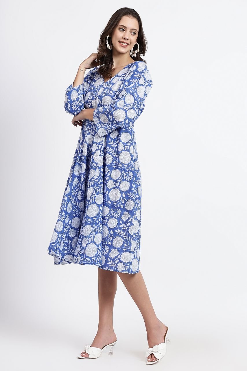 Priya Cotton Midi Dress - Blue - Hi Handmade