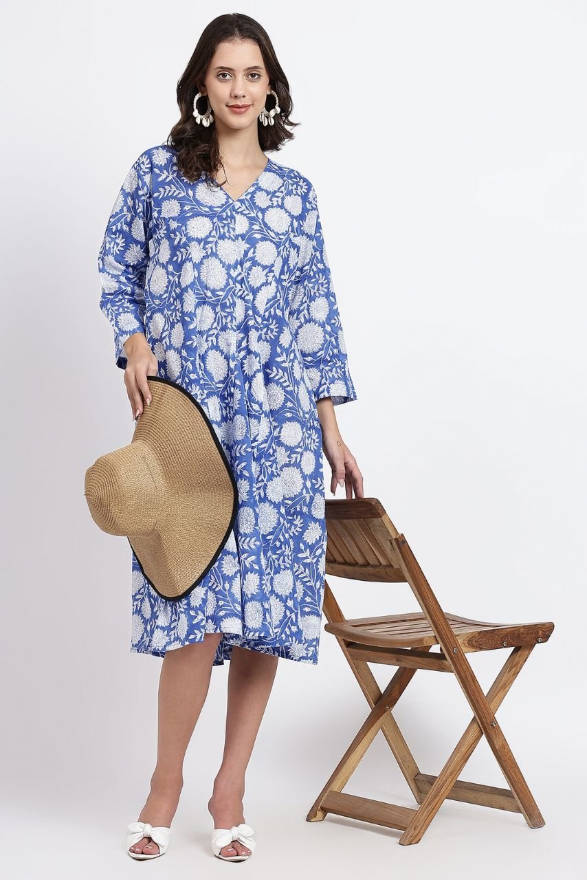 Priya Cotton Midi Dress - Blue - Hi Handmade