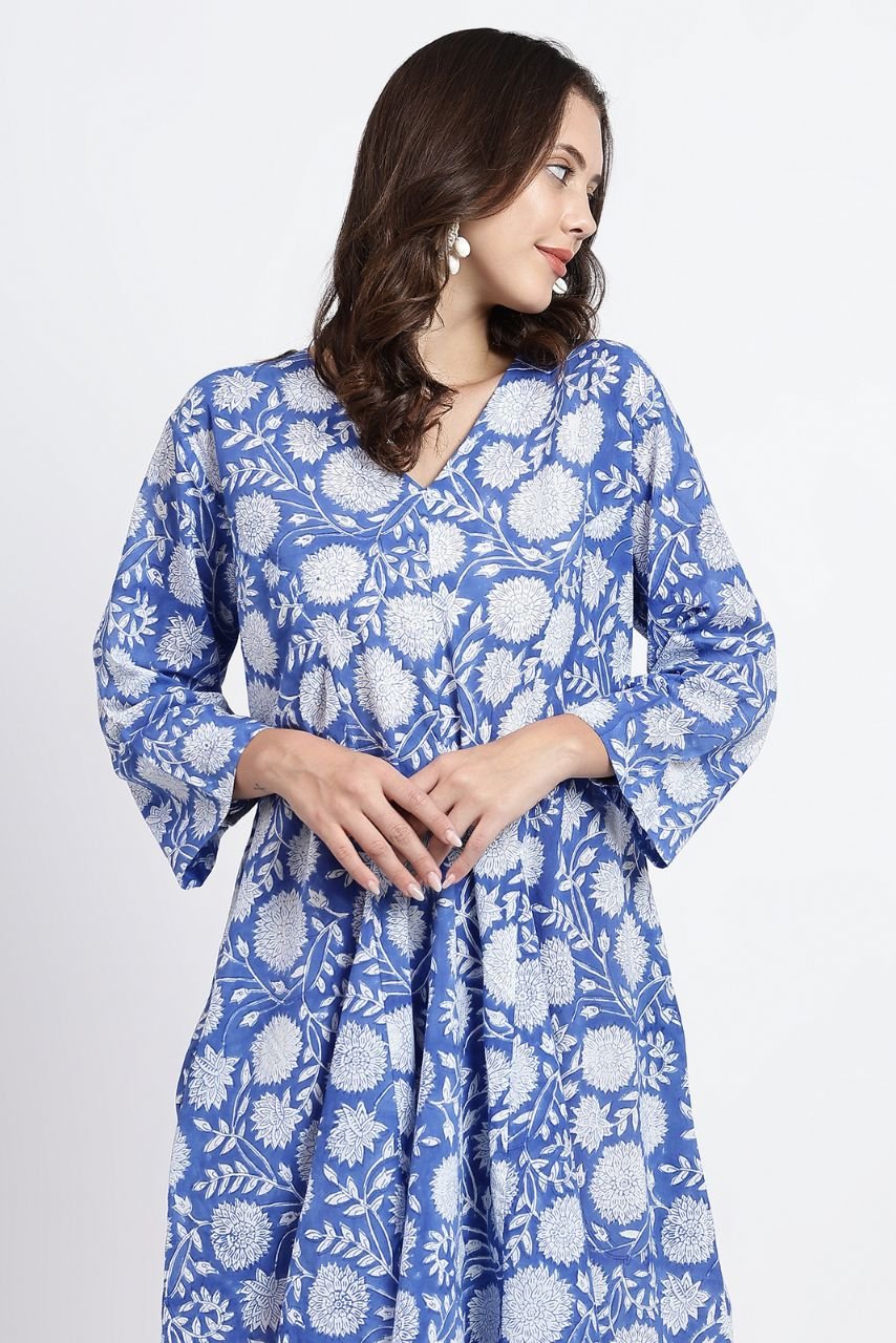 Priya Cotton Midi Dress - Blue - Hi Handmade