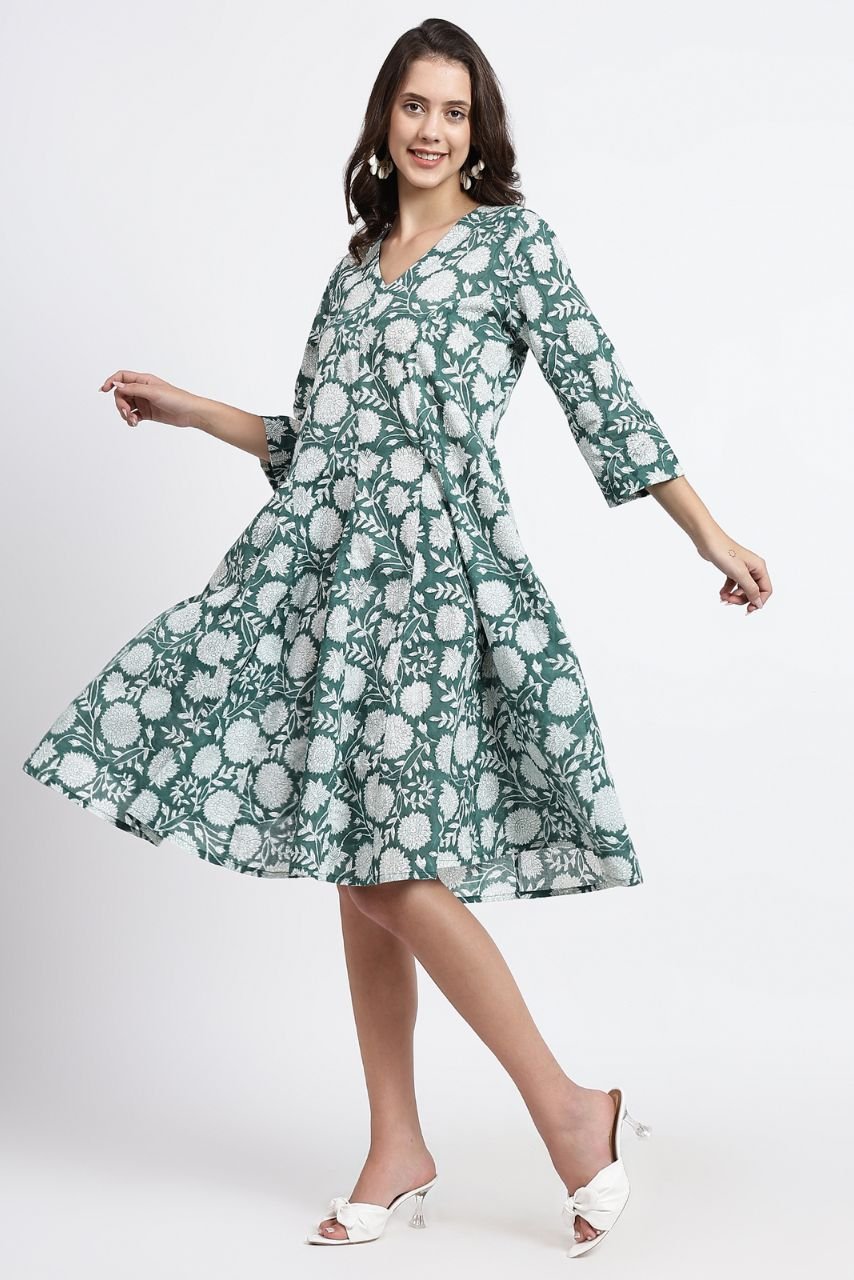 Priya Cotton Midi Dress - Green - Hi Handmade