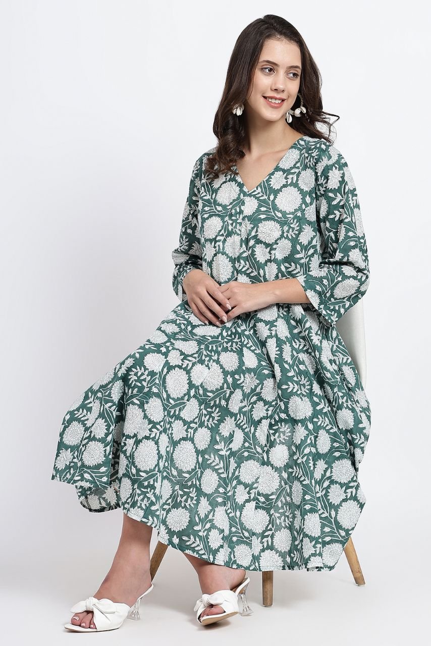 Priya Cotton Midi Dress - Green - Hi Handmade