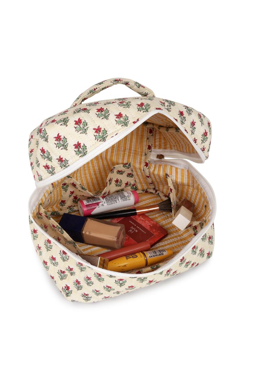Quilted Makeup Bag - Floral White - Hi Handmade