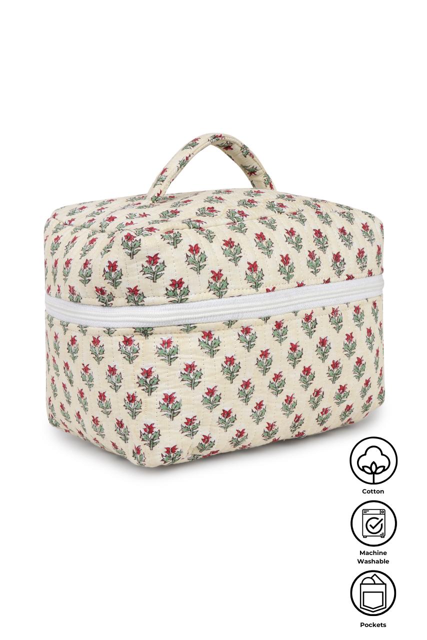 Quilted Makeup Bag - Floral White - Hi Handmade