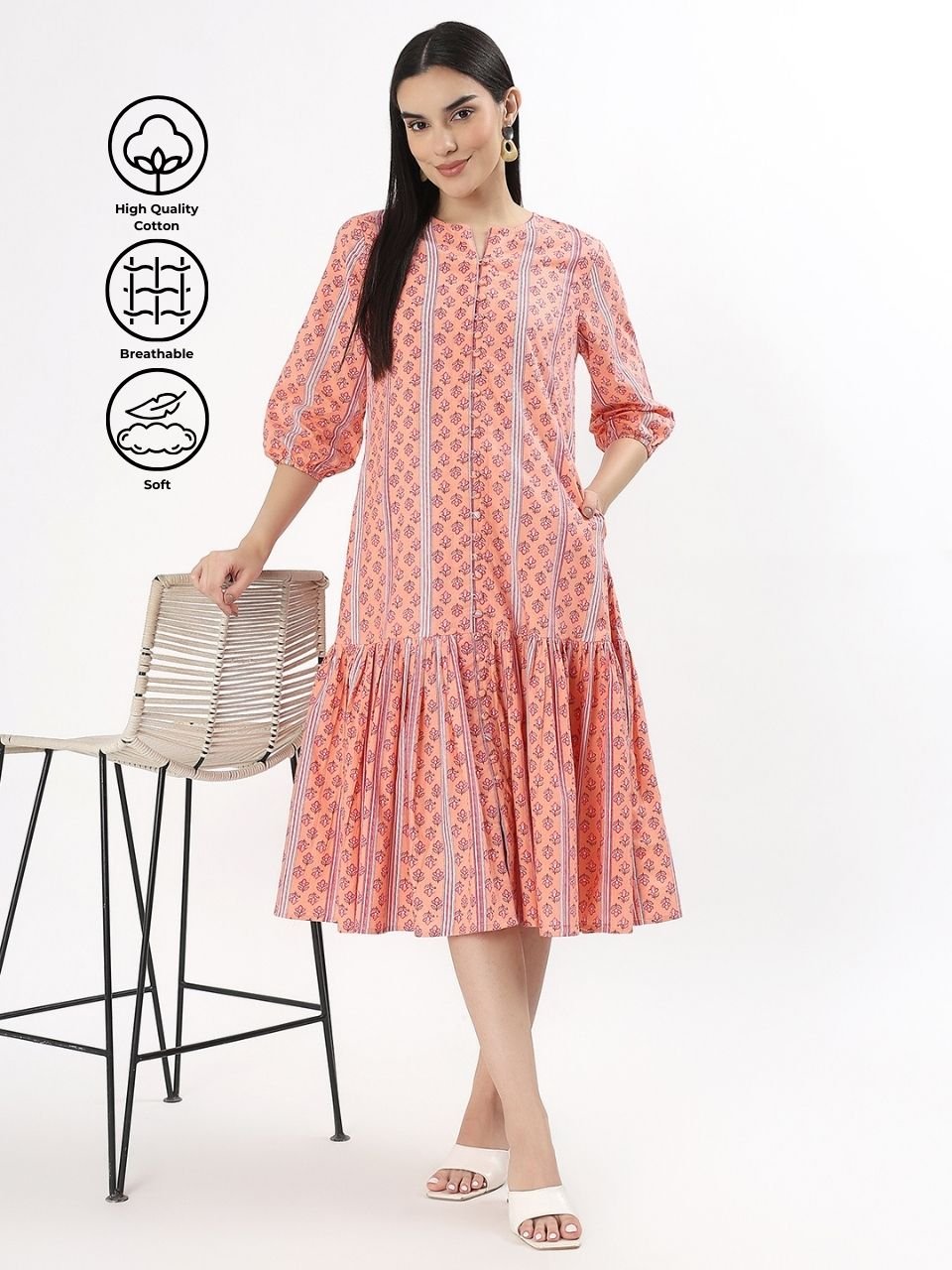 Sara Cotton Shirt Dress - Peach - Hi Handmade