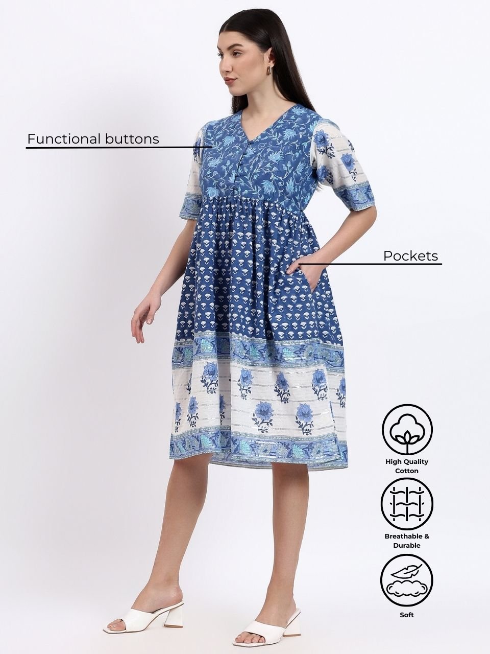 Vicki Cotton Dress - Blue - Hi Handmade